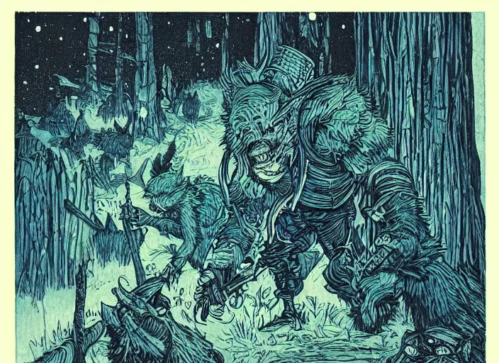 Image similar to blue woodcut print cartoon, bugbear at midnight by greg rutkowski, fine details, highly detailed