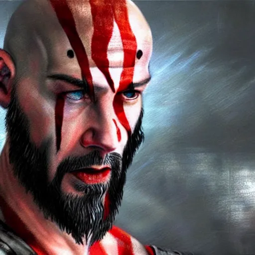 Image similar to Concept art of Keanu reeves as kratos from god of war game