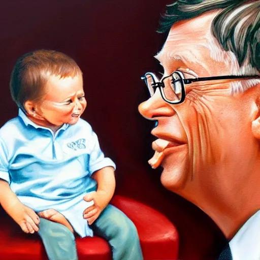 Prompt: masterful oil painting of bill gates eating babies while he talks to the devil, scary