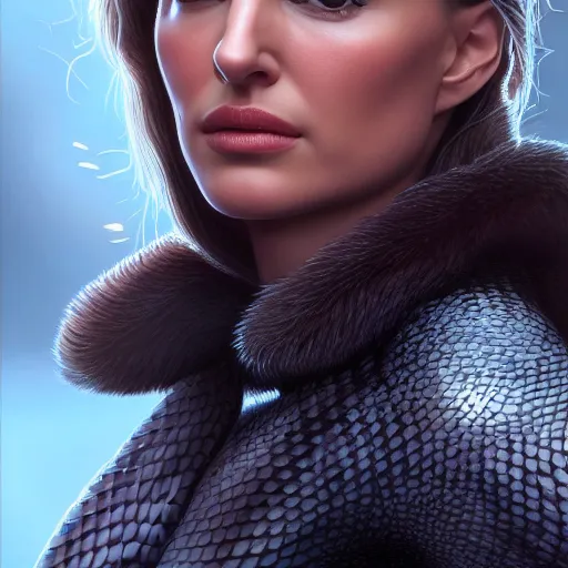 Image similar to Natalie Portman mixed with a snake, very detailed, ultrarealistic, dramatic lighting, electrical details, high details, 4k, 8k, best, accurate, trending on artstation, fur, artstation, photorealism, ultrarealistic, digital painting, style of frank frazetta