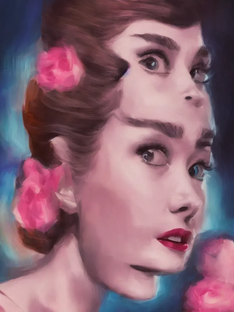 Image similar to a portrait of Audrey Hepburn from Breakfast at Tiffanys, glamorous setting, vivid colors, soft lighting, atmospheric, cinematic, moody, in the style of Ross Tran, oil on canvas, 8k