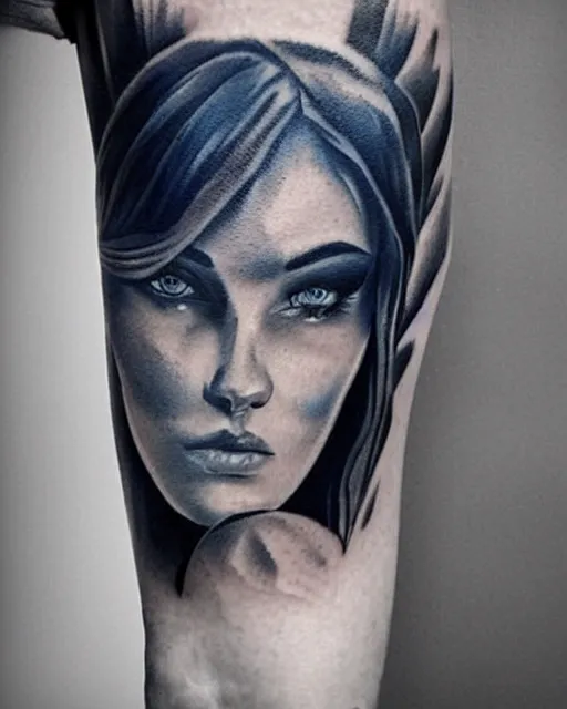 Image similar to tattoo design sketch of a beautiful blue - eyed woman face with a faded background of beautiful mountains on her side, hyper - realistic, in the style of den yakovlev, amazing detail, black and white