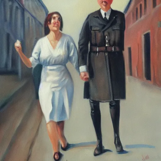 Image similar to an oil panting of a young hitler with her girlfriend, walking in berlin