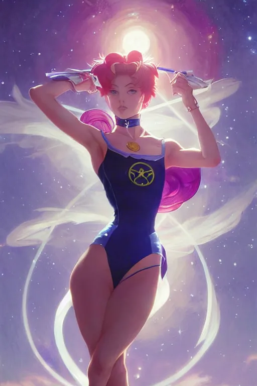 Image similar to aeon flux as sailor moon picture by Greg Rutkowski, pastels, stars, dynamic pose, matte painting, intricate, fantasy concept art, elegant, by Stanley Artgerm Lau, WLOP, golden ratio, thomas kindkade, alphonse mucha, loish, Peter chung, norman Rockwell,