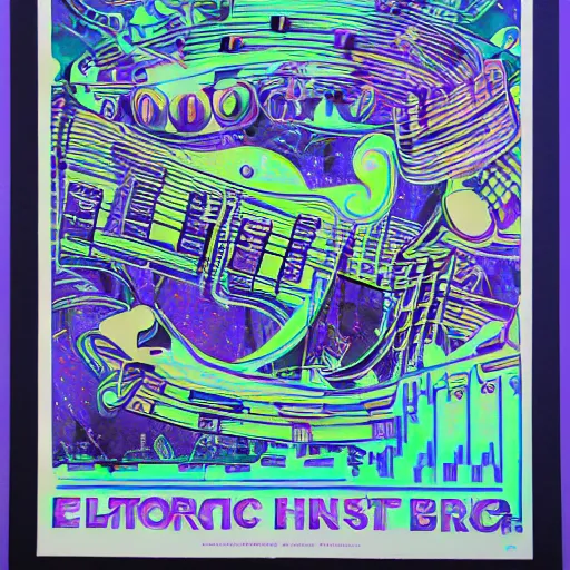 Image similar to electronic band lithograph by lance hidy with blue and purple hues