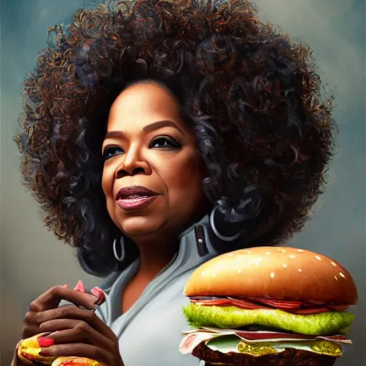 Prompt: portrait of oprah winfrey with bright red eyes, eating a huge hamburger, extra bacon lettuce and tomato, fantasy, intricate, elegant, highly detailed, digital painting, artstation, concept art, matte, sharp focus, illustration, art by aenaluck and roberto ferri and greg rutkowski, epic fantasy, digital painting