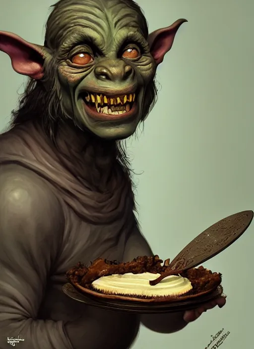 Prompt: portrait of a medieval goblin eating cakes, beautiful face, hyper realistic, highly detailed, digital painting, artstation, illustration, concept art by hyung tae and frank frazetta, digital paint, matte paint, washed colors, dark, gloomy