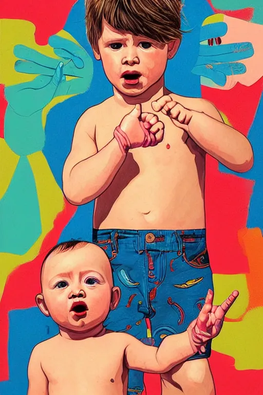 Image similar to a beautifully detailed coloured illustration of the baby boy swearing by sticking two fingers up by andrew salgado and rogier willems