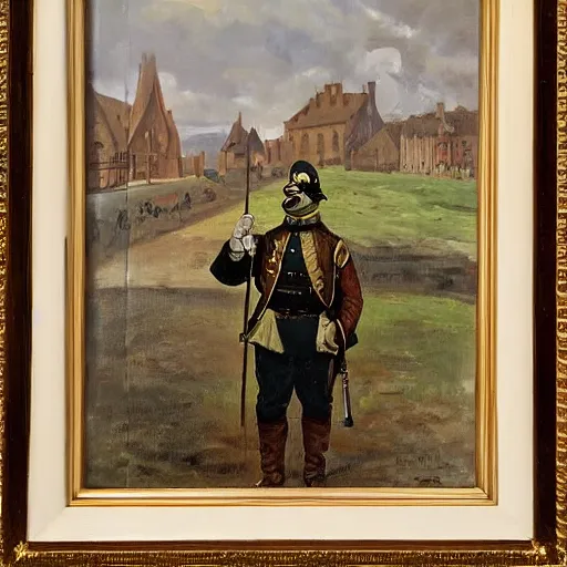 Image similar to pepe the frog saluting prussians soldiers in 1864, expressive oil painting