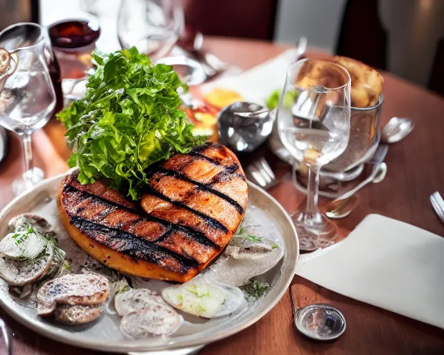 Prompt: 8 5 mm food photography of a large grilled heart at a restaurant with dof and bokeh and wine glasses out of focus in the background. highly detailed 8 k. intricate. lifelike. soft diffused light. nikon d 8 5 0.