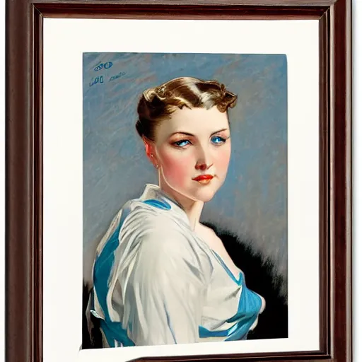 Prompt: portrait of an ice blue - eyed woman, by j. c. leyendecker