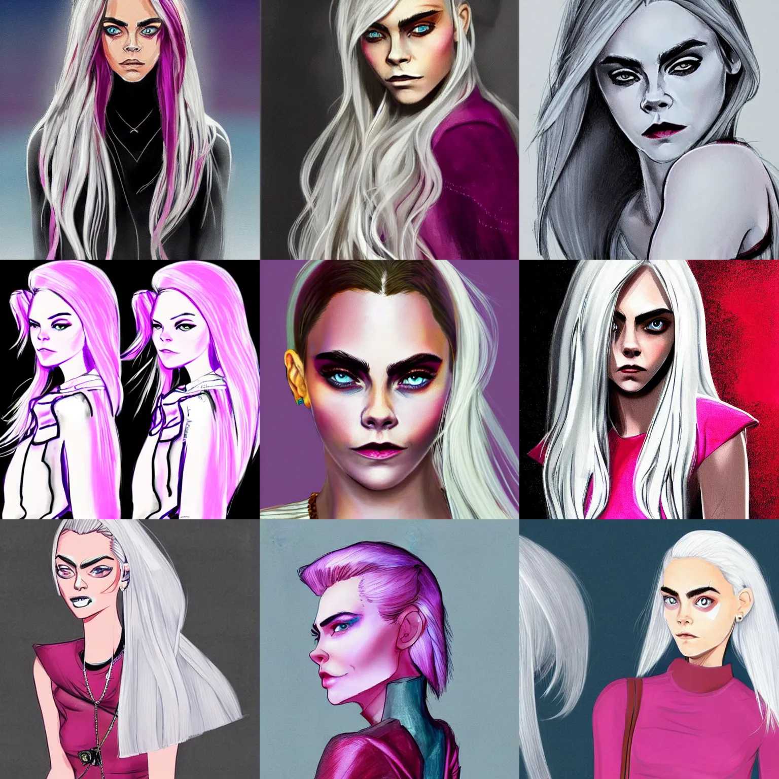 Prompt: Beautiful concept art of a character inspired by Cara Delevigne with white hair wearing a magenta top