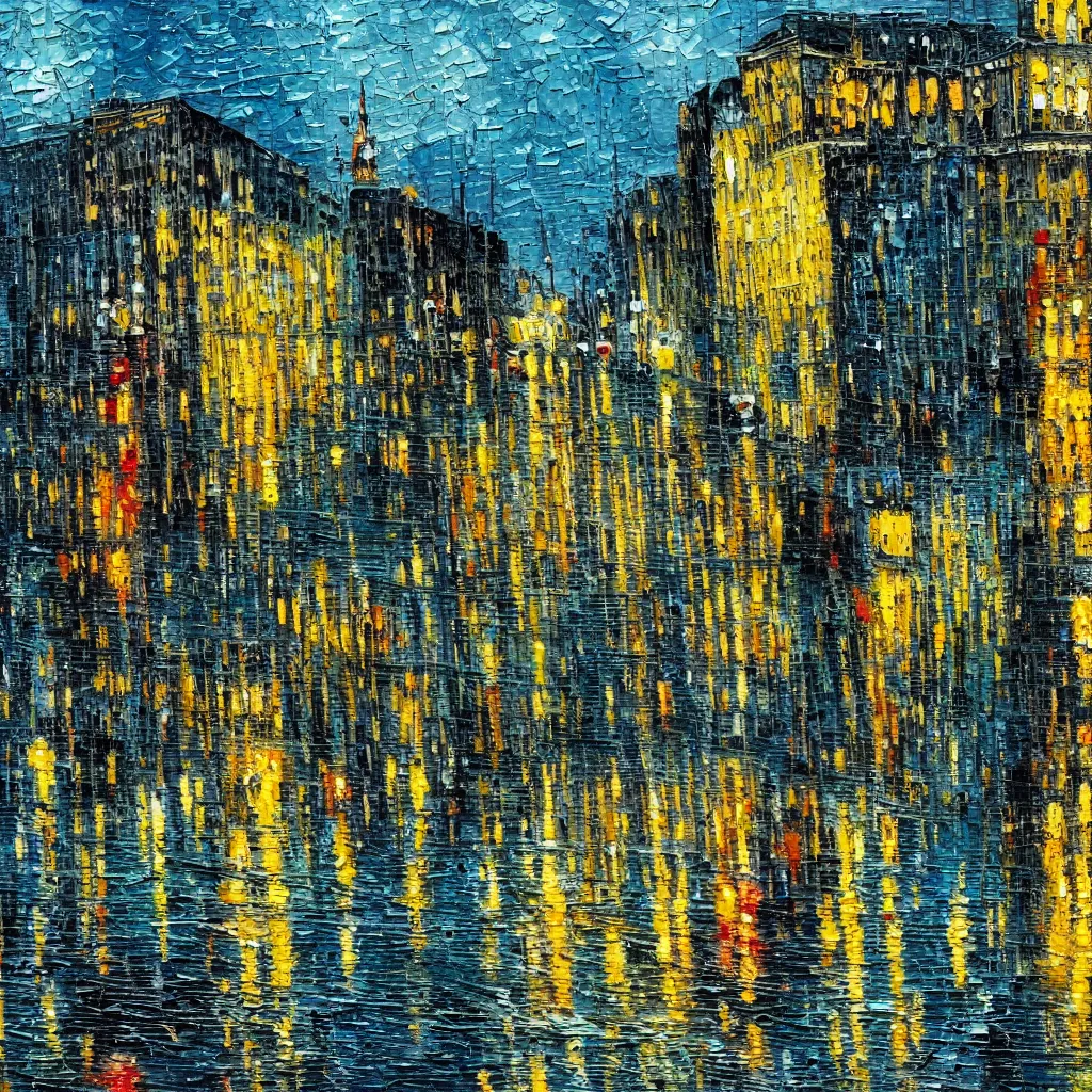 Prompt: painting of a rainy city view painted in the style of Jackson Pollack, with lots of scumbling, scumbled thick oil paint, oily high relief, shiny and painted in a style of painting similar to Van Gogh but more impasto and less hatching