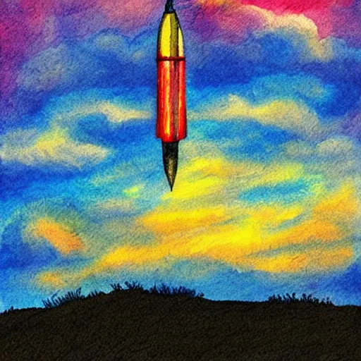 Image similar to a rocket launching into the sky, sunset, fluffy clouds, beautiful digital art, pixiv, digital watercolor painting