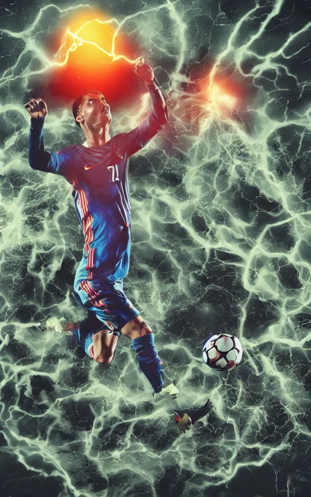 Prompt: scientific twisted cristiano ronaldo soccer player surrounded by twisted skulls and tackling the nike ball in front of the light flare, night earth crust, trail cam, realistic photography paleoart, masterpiece album cover