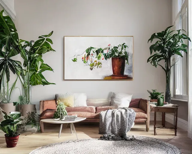 Image similar to A warm painting of a room interior, calm, relaxing, cosy, warm light, warm color scheme, houseplants, fresh flowers, oil on canvas