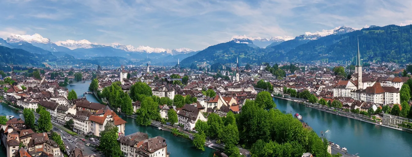 Image similar to Photo of Zurich, looking down the Limmat at the lake and the alps, Hardturm, Grossmünster, Lindenhof, Üetliberg, wide angle, volumetric light, hyperdetailed, light blue water, artstation, cgsociety, 8k