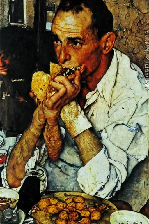 Image similar to portrait of an israeli man eating a falafel in tel aviv, norman rockwell, egon schiele