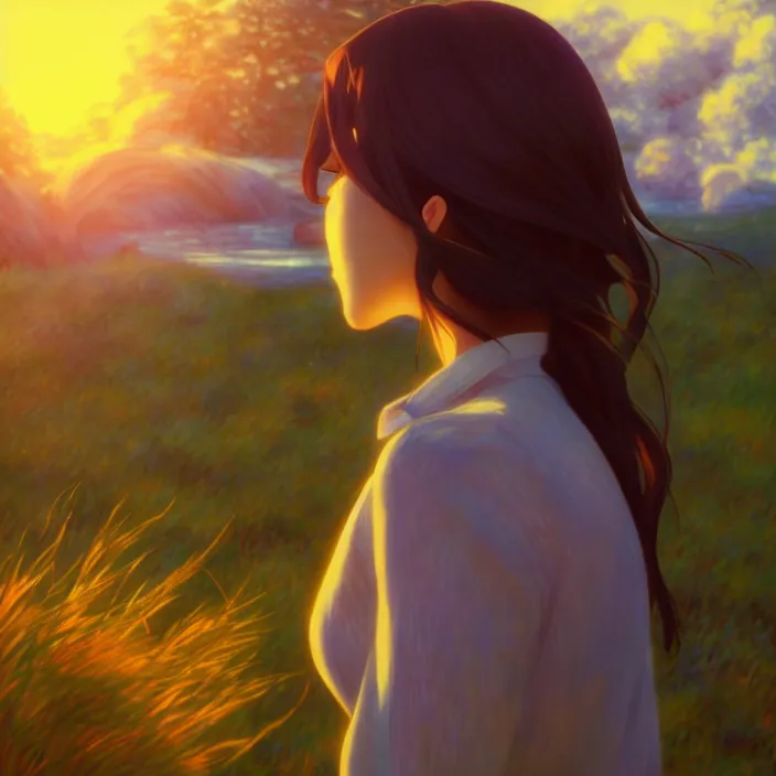 Image similar to an epic makoto shinkai and renoir landscape of a woman's hair - waterfall, golden hour, ultra smooth, lois van baarle, ilya kuvshinov, unreal engine, blender, trending on artstation, suntur, caleb worcester, highly detailed, photorealism, bloom effect 8 k