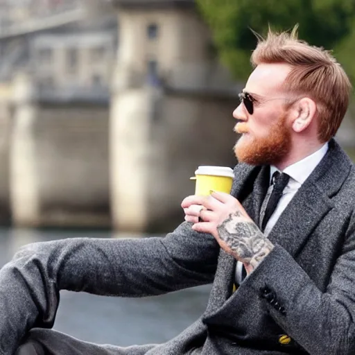 Image similar to mcgregor is dressed as a gentleman at early 2 0 th century paris. he is having a coffee at the banks of river seine. ewan mcgregor has a coffee cup on his hand. next to him is a small brown cat with yellow glowing eyes. blueish tint