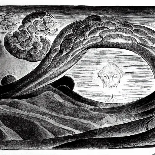 Prompt: mythological landscape in the style of william blake