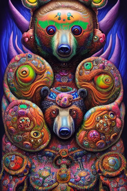 Prompt: hyper - maximalist overdetailed painting of a bear - shaman by hannahy yata caitlin hacket in the style of naoto hattori. artstation. deviantart. cgsociety. surrealism infused lowbrow style. visionary psychedelic fineart. hyperdetailed high resolution render by binx. ly in discodiffusion..