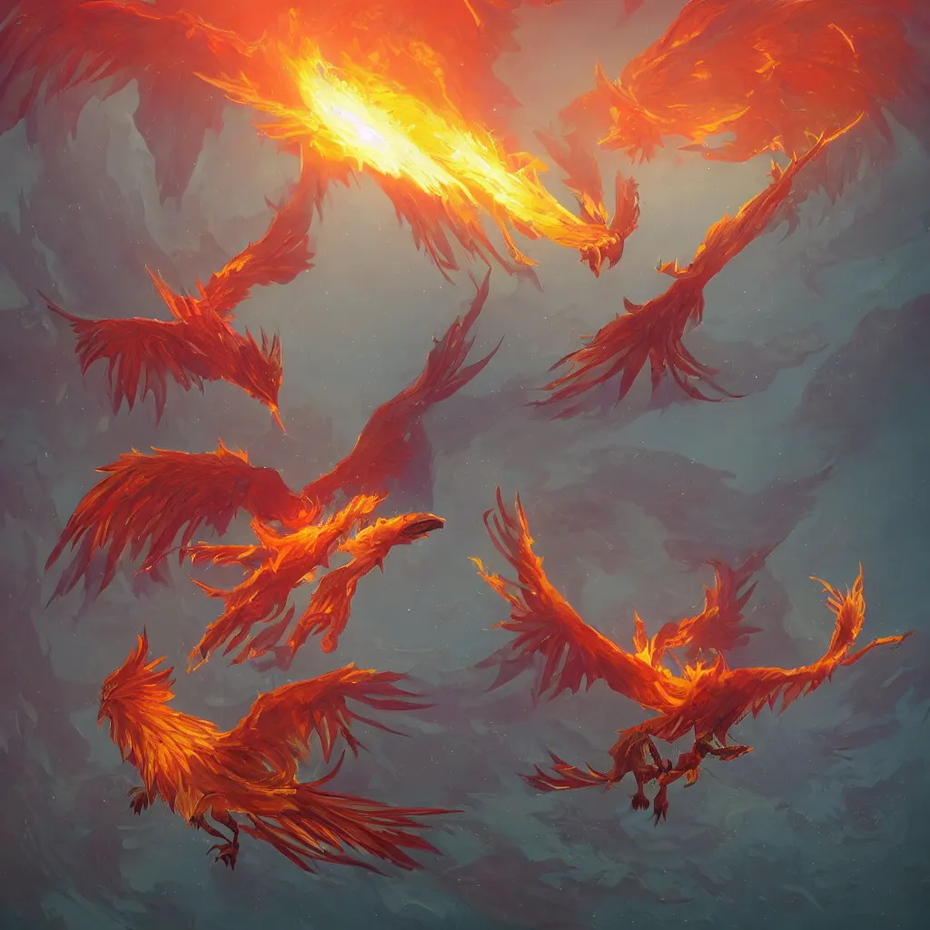 Image similar to art of a phoenix from dota 2. diving into battle, phoenix blasts enemies and heals allies with rays of solar flame. when the time is right, it can become a burning sun to scorch nearby foes before unleashing a stunning detonation that also restores phoenix to full strength. art by simon stalenhag