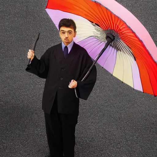 Image similar to rowan atkinson dressed as a traditional korean man posing with an umbrella, cinematic shot, dynamic lighting, close up, impressive winning photo, pastel colors