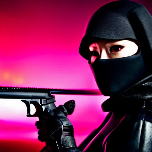 Image similar to photographic portrait of a techwear woman holding a shotgun, holding shotgun down, closeup, on the rooftop of a futuristic city at night, sigma 85mm f/1.4, 4k, depth of field, high resolution, full color, award winning photography, Kill Bill, John Wick, Die Hard, movies with guns, movie firearms, anatomically correct hands