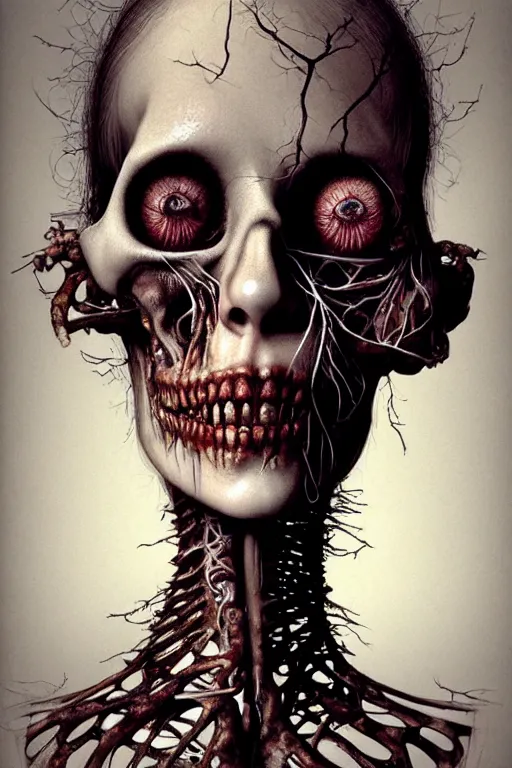 Image similar to very sad and detailed rotten woman corpse with fractal ornate growing around her face muscles, veins, arteries, bones, anatomical, skull, eye, ears, intricate, surreal, ray caesar, john constable, guy denning, dan hillier