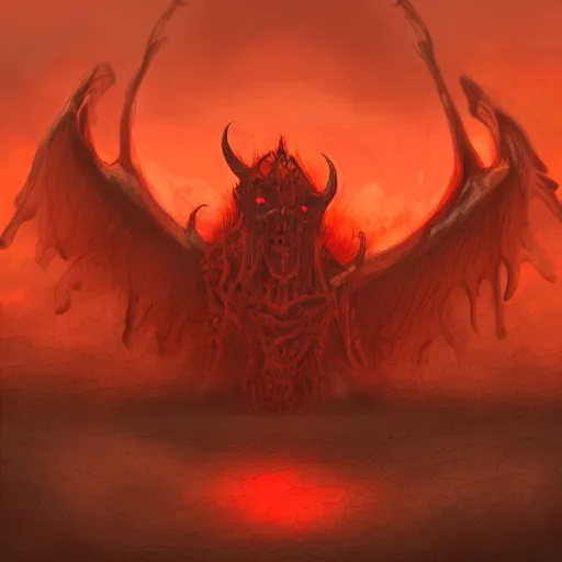 Image similar to hellish demons rising from the ground, orange sky, digital art