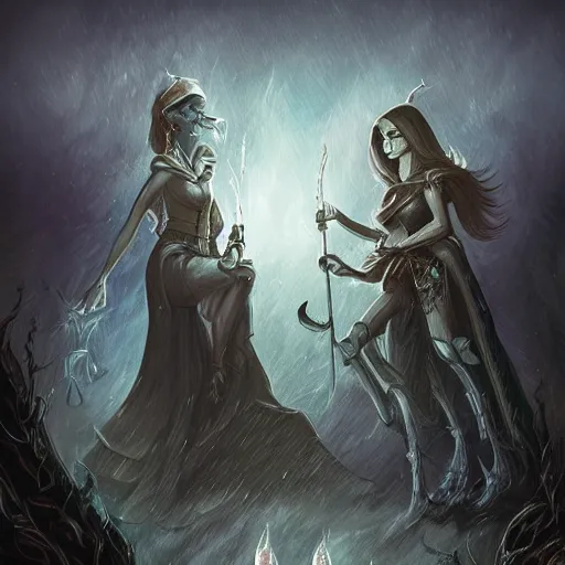 Prompt: a tarot card of a two female necromancers casting spells, ominous nighttime storm, fantasy, d & d, intricate, elegant, highly detailed, digital painting, artstation, concept art, matte, sharp focus, illustration, art in the style of disney