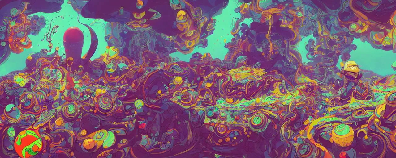 Image similar to surreal moebius illustration super mario having psychedelic acid trip on lsd glichy hypnotic fractals spirals with molecule structures fluid flowing shapes by sachin teng and sergey kolesov and ruan jia and heng z. graffiti art, scifi, fantasy, hyper detailed. octane render. concept art. trending on artstation