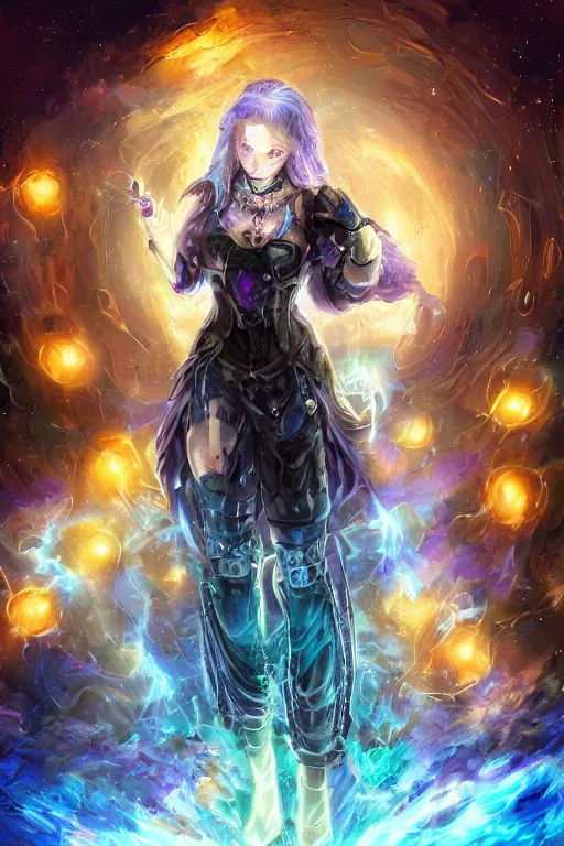 Image similar to Path of Exile, Maven, blue eyes female image with silver purple hair among colourful lights, dark blue spheres fly around, Anachronism, painting, dark fantasy, steampunk, 4k