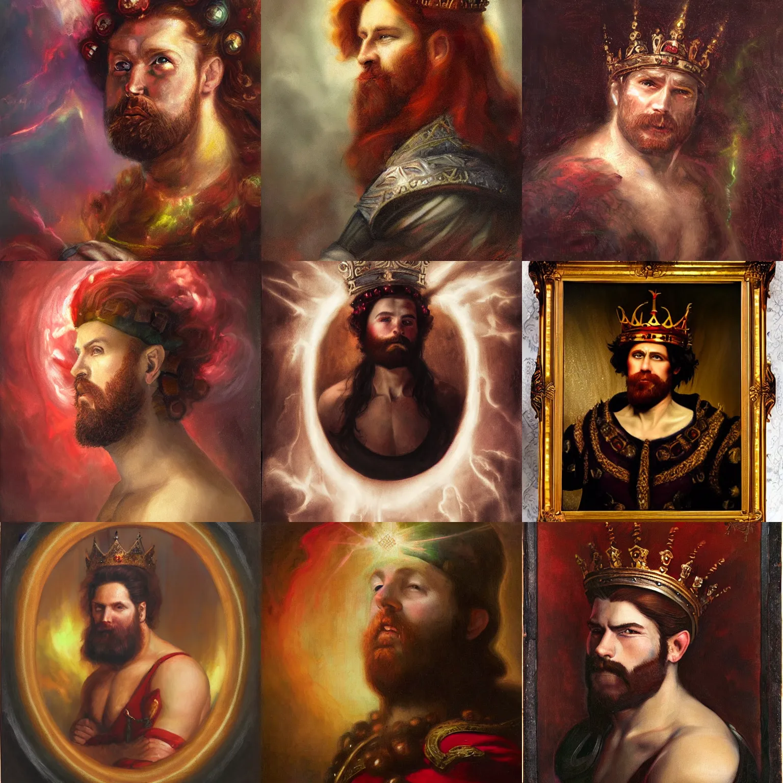 Prompt: portrait of a burly muscular dark - red - haired man with a crown, fantasy painting, victorian painting, epic, light beams