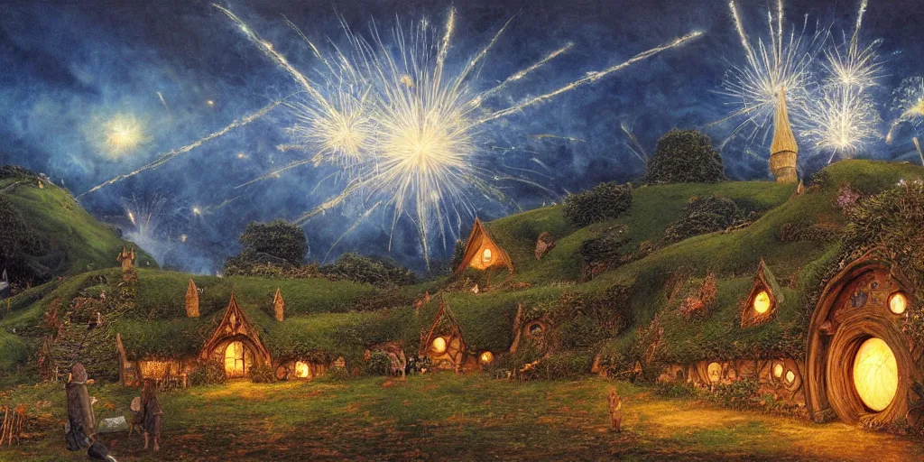 Prompt: hobbiton at night, a single firework explodes in the sky above bag end and the party tree, by alan lee, intricate, firework smoke trails, lord of the rings calendar, smooth, detailed terrain, oil painting.