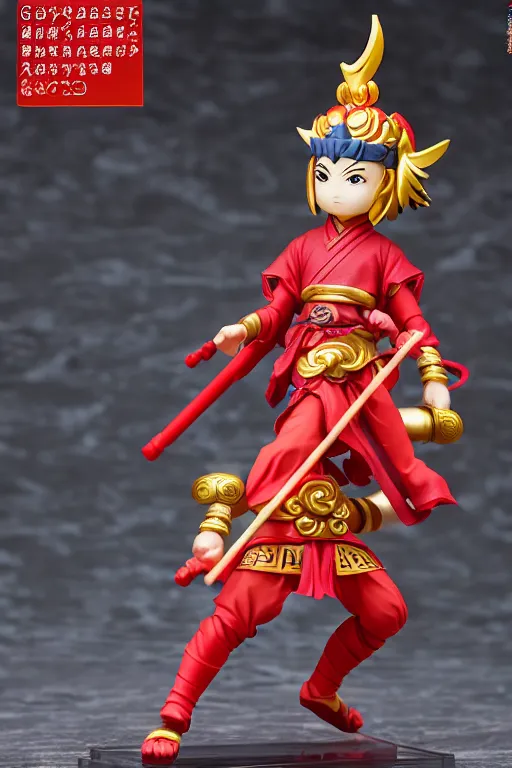 Image similar to arty chinese mythology ne zha nendoroid full body hyperdetalied, hero pose, osamu tezuka, macoto takahashi, chibi, q posket, 8 k realistic, 3 d, cryengine, exquisite, red cloth around his shoulders, hold spear, ne zha ( 2 0 1 9 ), fenghua zhong,