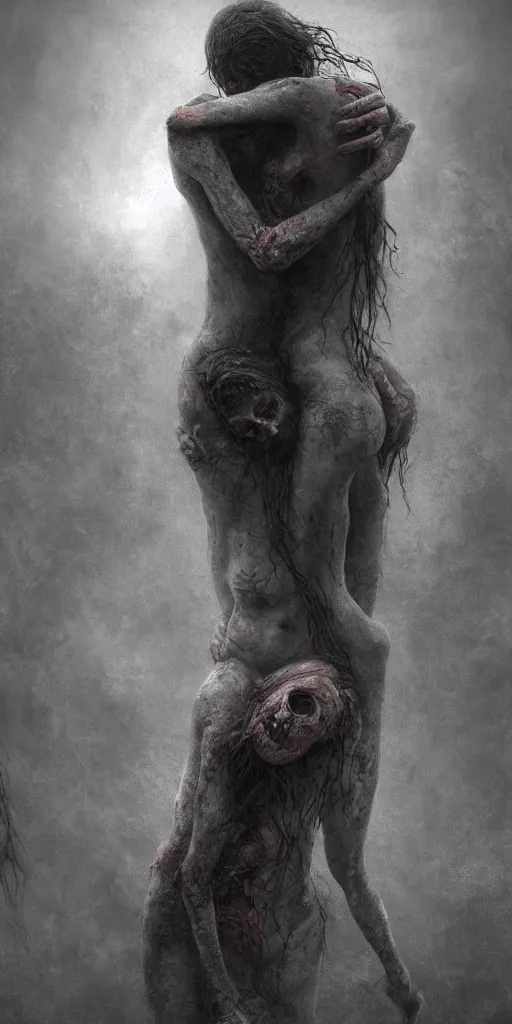 Image similar to death child and women hugging, in the style of keith thompson and zdzislaw beksinski, artstation hd, 8 k, surrealistic digital artwork, post apocalyptic street, new york, psychedelic