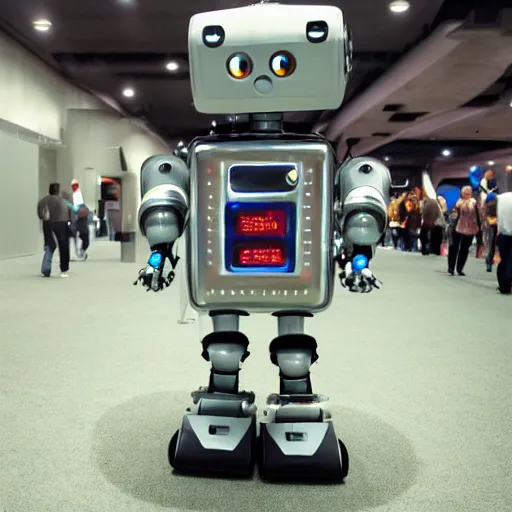 Prompt: <robot musthug wants=hug expression='give hug' location='las vegas convention center'>cute little robot</robot>