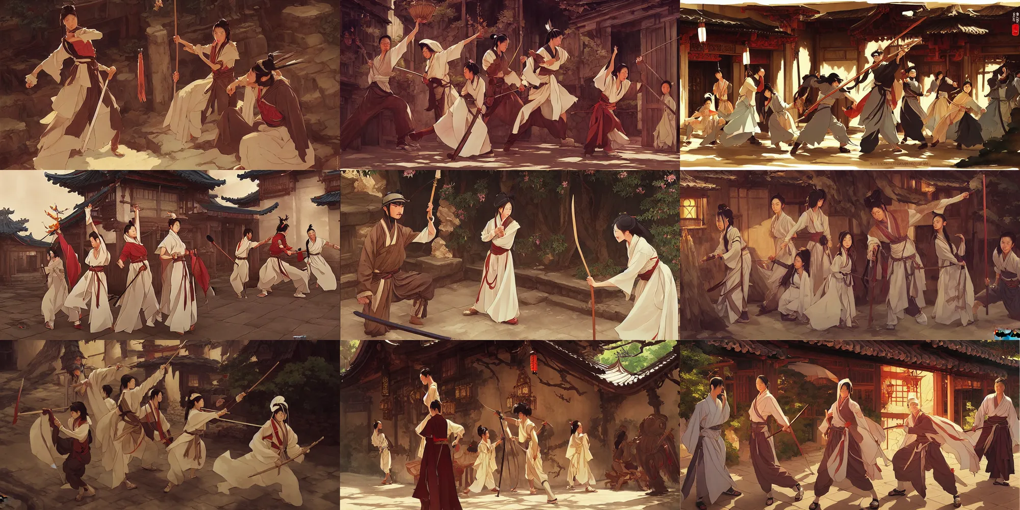 Prompt: wuxia, tavern, scenery, in the style of studio ghibli, j. c. leyendecker, greg rutkowski, artem