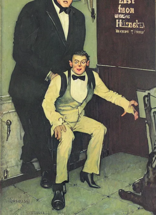 Image similar to full body and head portrait of a huge werewolf in a tuxedo in a dark and dingy dystopian apartment lit by green light, painted by norman rockwell and tom lovell and everett raymond kinstler