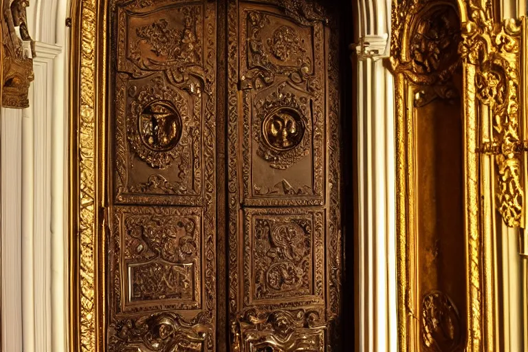 Image similar to a portal to new universe inside of an ornate door frame :: wide angle :: golden light :: rainbows :: vortex