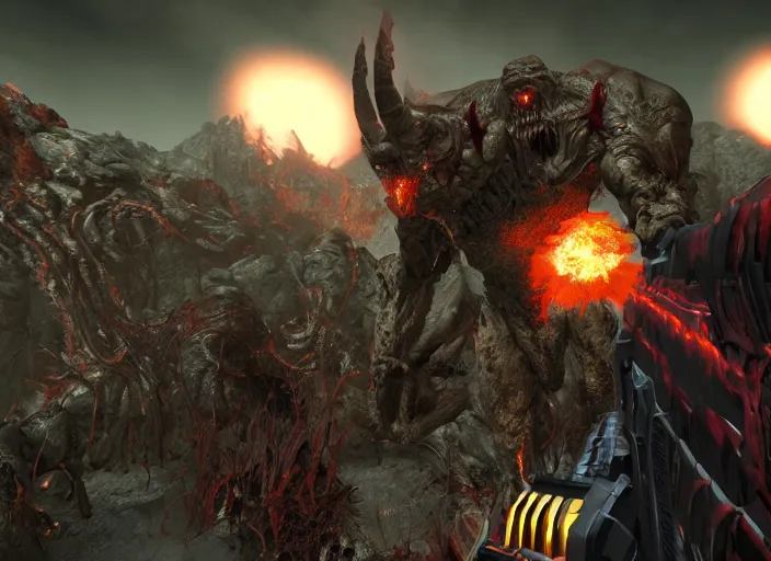 Image similar to ( doom ) screenshot featuring hellknight by kenneth scott in ue 5