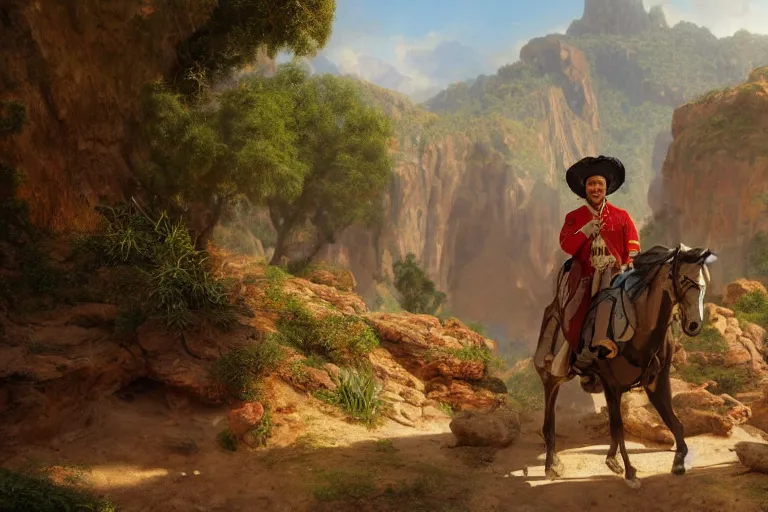 Image similar to a detailed 3 d render of bruno from encanto dressed as pancho villa, poncho, 1 8 th century south america, octane render, 8 k, volumetric lighting, in the style of disney, art by albert bierstadt and thomas moran