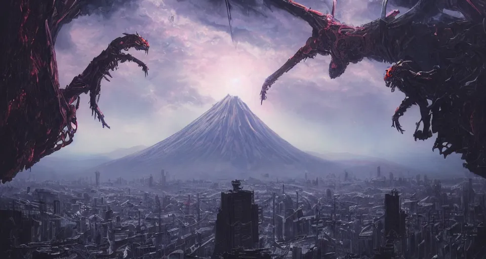 Image similar to realistic landscape beautiful detailed matte painting of cinematic movie scene, evangelion versus kaiju in tokyo. action horror, created by gustave dore and greg rutkowski, high detailed, smooth draw, synthwave neon retrofuturism, intricate, realistic proportions, dramatic lighting, trending on artstation.