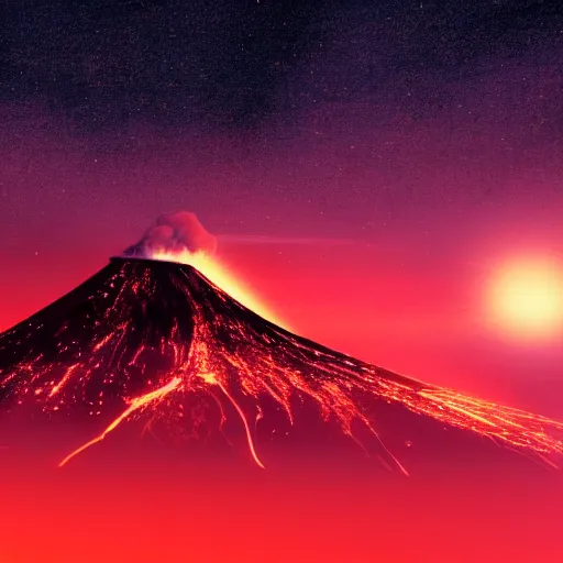 Prompt: matte painting of an erupting volcano surrounded by a sea of red glowing in the night, wise angle