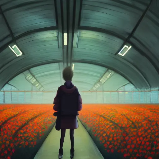 Image similar to giant carnation flower head, woman standing in metro station, surreal photography, dramatic light, impressionist painting, digital painting, artstation, simon stalenhag