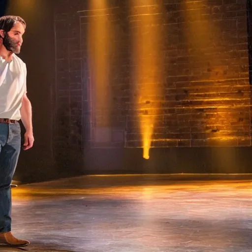 Prompt: Shawn Spencer in Hamilton, production still, stage lighting