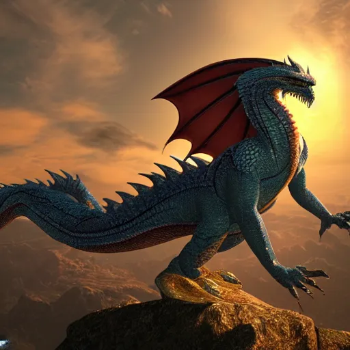 Image similar to a photorealistic alien that is a hybrid of a medieval dragon and a eagle in the sky during a sunset, ultra realistic, 4 k highly detailed