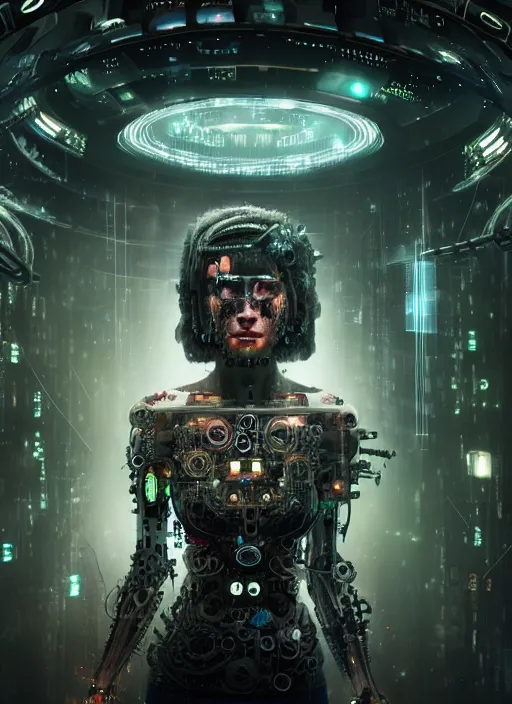 Prompt: 35mm portrait of an intricate and sophisticated borg with face implant above her eye, on the background of a weird magical mechanical forest. Round gears visible inside her hear. Very detailed 8k. Fantasy cyberpunk horror. Sharp. Cinematic post-processing